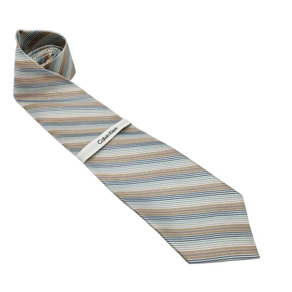 NWT Calvin Klein Tie Silk‎ Necktie Striped Light Blue White Beige Classic NEW - Picture 1 of 9